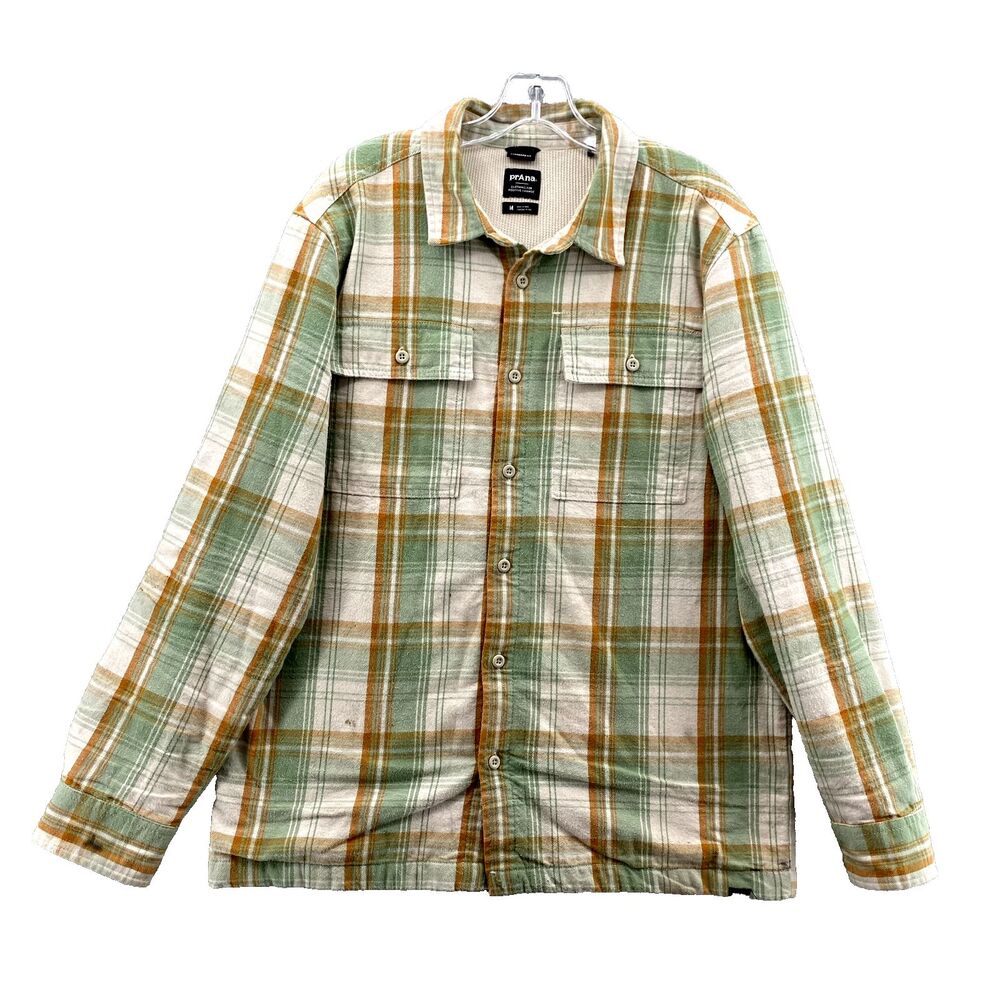 PrAna Flannel Thermal Shirt Men Medium Green Plaid Organic Shacket Outdoor‎ Camp